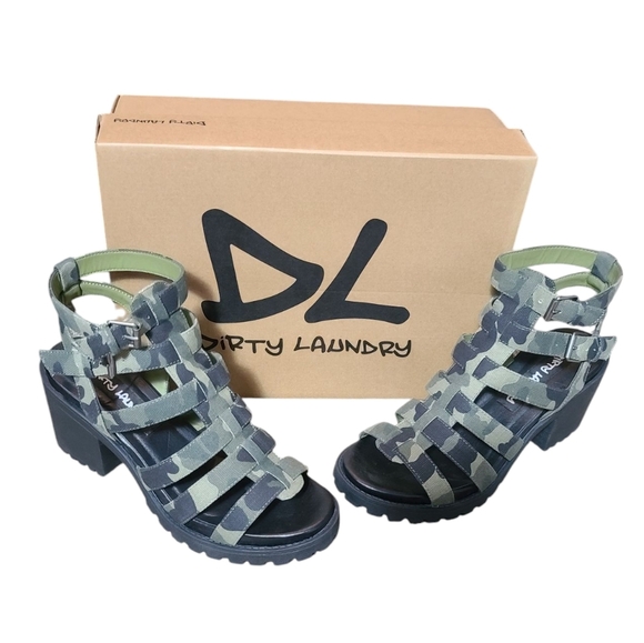 DIRTY LAUNDRY NWOT Fun Stuff Heeled Strappy Sandal In Camo Size 8.5 EUR 39 - Picture 1 of 13